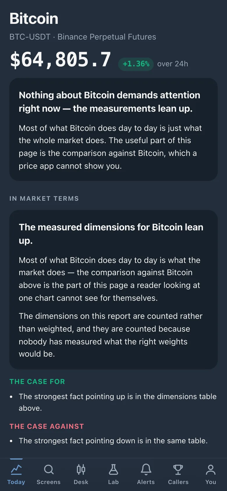 A coin report for Bitcoin reading: nothing about Bitcoin demands attention right now, the measurements lean up. Below it, the case for and the case against.